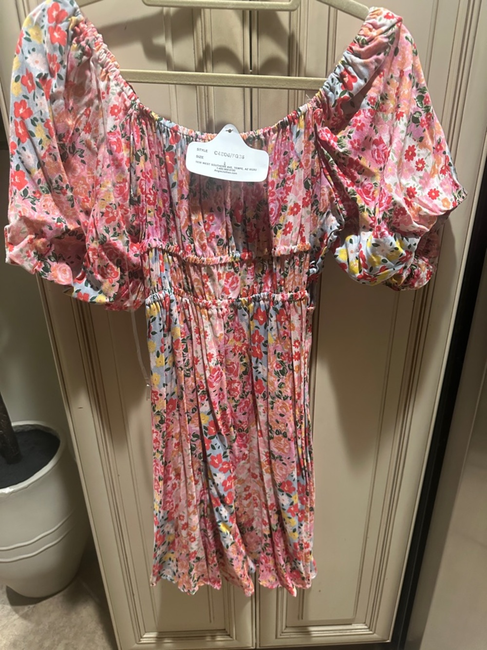 Angie Pink Floral Smocked Mini Dress with Puff Sleeves